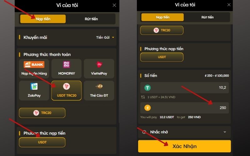 Nạp tiền bằng USDT tối thiểu là 250.000 VND Nạp tiền bằng USDT tối thiểu là 250.000 VND